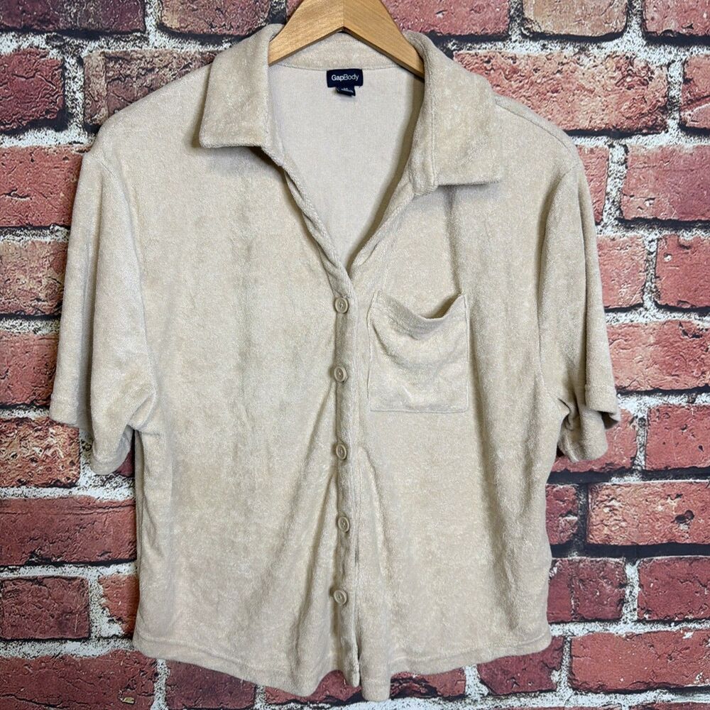Gap Shirt Womens L Beige Terry Collared Short Sleeve Button Front Cropped Top